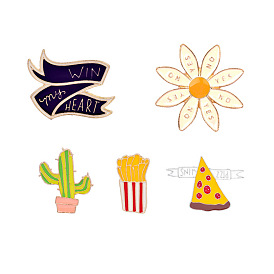 Chic Enamel Pins Set - Cactus, Heart, Pizza Fries & Flower Petals (4-Pack)