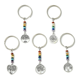 Porte-clés rond plat en alliage et cœur avec pendentif arbre de vie, avec perle de pierre précieuse chakra et porte-clés fendus en fer