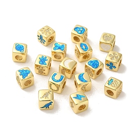 Rack Plating Brass Micro Pave Cubic Zirconia Beads, with Synthetic Opal, Cadmium Free & Lead Free, Long-Lasting Plated, Real 18K Gold Plated, Square, Large Hole Beads, European