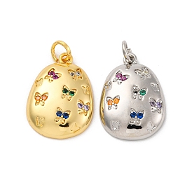 Brass Micro Pave Cubic Zirconia Pendants, Long-Lasting Plated, Lead Free & Cadmium Free, Oval with Butterfly