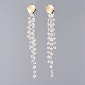 Handmade Glass Beaded Chains Dangle Earrings, with Brass Stud Earrings Findings, Flat Round