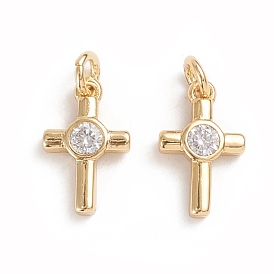  Brass Micro Pave Cubic Zirconia Tiny Cross Charms, with Jump Ring, Long-Lasting Plated