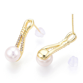 Natural Pearl Stud Earrings Micro Pave Cubic Zirconia, Brass Earrings with 925 Sterling Silver Pins, High-Heeled Shoes