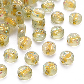 Transparent Acrylic Beads, Metal Enlaced, with Glitter Powder, Flat Round with Expression
