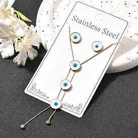 304 Stainless Steel Necklaces & Stud Earring Set, Shell & Enamel Flat Round with Evil Eye Jewelry Set for Women, Ion Plating(IP)