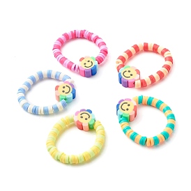 Anillos de dedo hechos a mano de cuentas de arcilla polimérica, flor con sonrisa