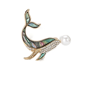 Shell Pin, Alloy Rhinestone Brooch for Backpack Clothes, with Plastic Imitation Pearl Beads, Whale