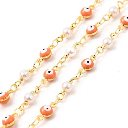 Enamel Evil Eye Link Chains, with Imitation Pearl Beaded & Brass Findings, Soldered, Real 18K Gold Plated, with Spools