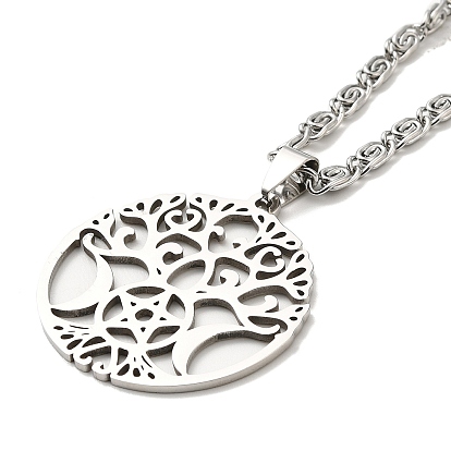 304 Stainless Steel Pendant Necklaces for Women Men, Tree of Life with Moon