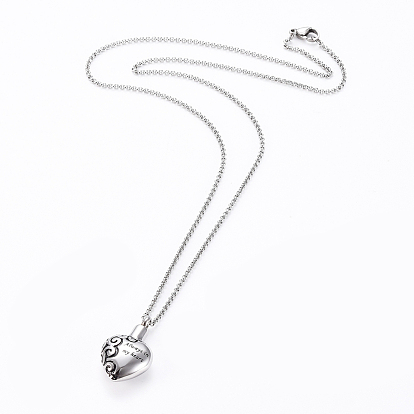 Urn Ashes Necklace, with 304 Stainless Steel Opeanable Pendants & Rolo Chains & Lobster Claw Clasps, Heart with Word Always in My Heart