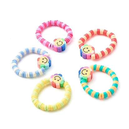 Anillos de dedo hechos a mano de cuentas de arcilla polimérica, flor con sonrisa
