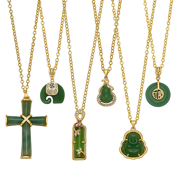 6Pcs Brass Chains Necklaces, with Natural Green Aventurine & Glass Pendants, Mixed Shapes