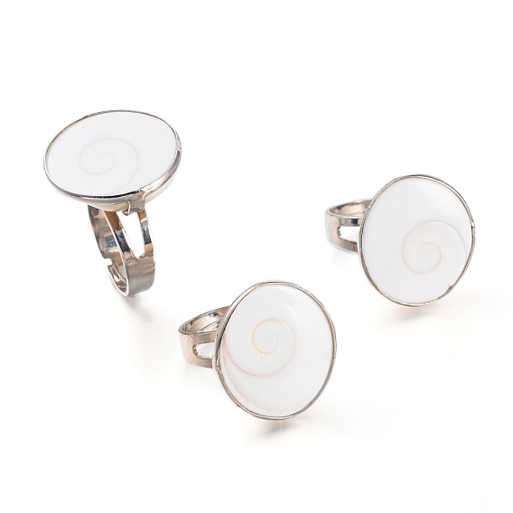 Adjustable Brass Cuff Rings, Open Rings, with Natural Shiva Eye Shell, Flat Round
