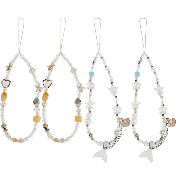 4шт. 2 стили ремешков для мобильных телефонов из стеклянных и пластиковых бусин и цепочек, с подвеской из железа и сплава, разнообразные