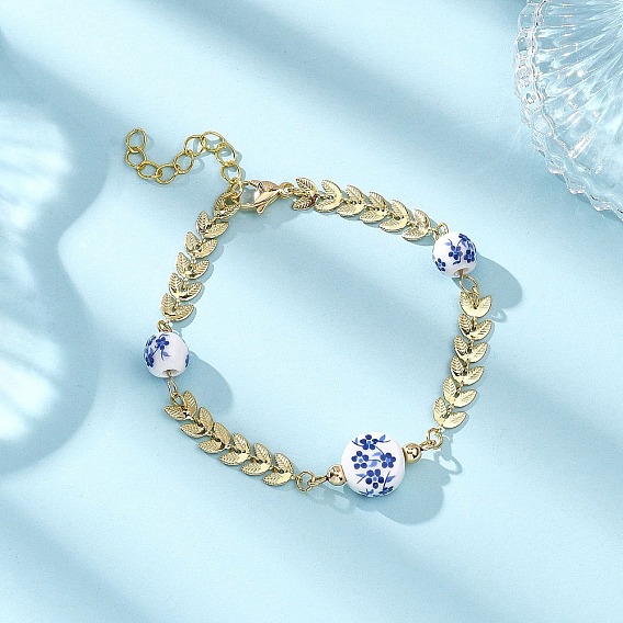 Браслеты из латунных листов, латунных початков ручной работы, браслеты из фарфора и керамики ручной работы с бусинами для женщин, с 304 из нержавеющей стали Lobster Claw застежками