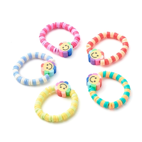 Handmade Polymer Clay Beads Finger Rings, Flower with Smile