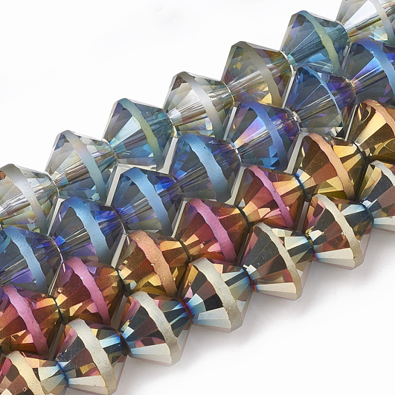 Electroplate Glass Beads Strands, Frosted, Faceted, Bicone
