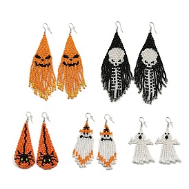 Boho Seed Bead Halloween Tassel Earrings, Iron Dangle Earring for Women