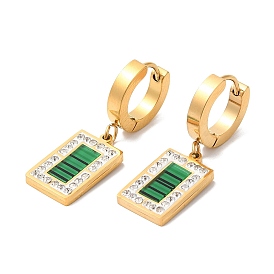 Synthetic Malachite Rectangle Dangle Earrings with Rhinestone, Ion Plating(IP) 304 Stainless Steel Jewelry
