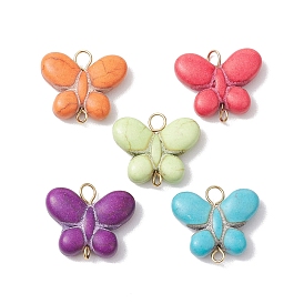 Dyed Synthetic Turquoise Butterfly Connector Charms, with Golden Tone 304 Stainless Steel Double Loops