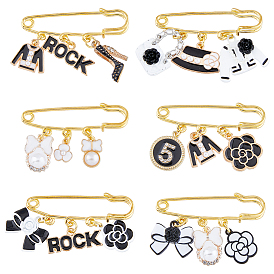 6 piezas 6 estilo lazo y corazón y bolso y número 5 conjunto de broches de seguridad con dijes de esmalte, alfileres de solapa de hierro dorado para ropa de mochila