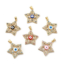 Rack Plating Brass Micro Pave Clear Cubic Zirconia Pendants, with Enamel, Cadmium Free & Lead Free, Star with Evil Eye, Real 18K Gold Plated