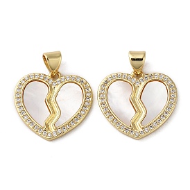 Brass Micro Pave Cubic Zirconia Pendants, with Shell, Heart