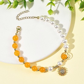Brass Micro Pave Clear Cubic Zirconia Sun Charm Natural Dyed Malaysia Jade and Shell Pearl Round Beaded Bracelets, Golden