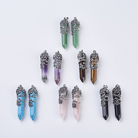 Gemstone Pointed Pendants, with Antique Silver Plated Brass Findings, Faceted, Bullet, Flower