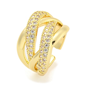 Brass Micro Pave Cubic Zirconia Open Cuff Ring, Criss Cross Rings for Women