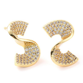 Clear Cubic Zirconia Twist Stud Earrings, Brass Jewelry for Women
