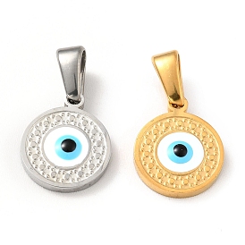 Vacuum Plating 304 Stainless Steel Charms with Enamel, Flat Round with Evil Eye