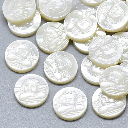 Natural White Shell Mother of Pearl Shell Cabochons, Flat Round with Carved Cupid/Cherub/Angel