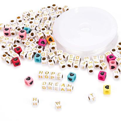 DIY Jewelry Making Kits, Including White Cube Acrylic Beads Gold Letter, Elastic Crystal Thread