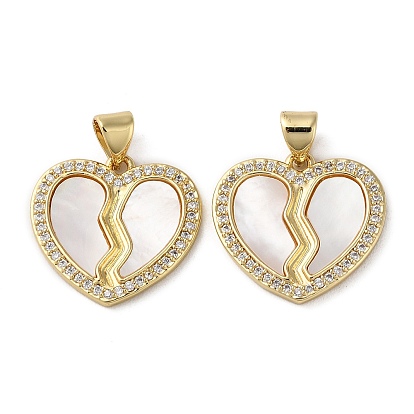 Brass Micro Pave Cubic Zirconia Pendants, Cadmium Free & Lead Free, with Shell, Heart