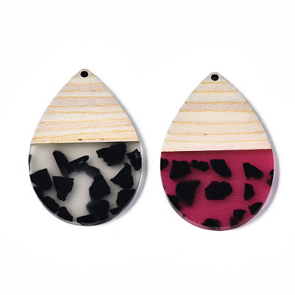 Transparent Resin & Walnut Wood Pendants, Two Tone, Teardrop