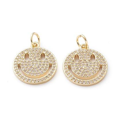 Brass Micro Pave Clear Cubic Zirconia Pendants, Long-Lasting Plated, Flat Round with Smile Face