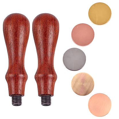 5 Colors Brass Blank Round Stamp Head & Natural Wood Handle Sets, for Wax Seal Stamp, Scrapbooking