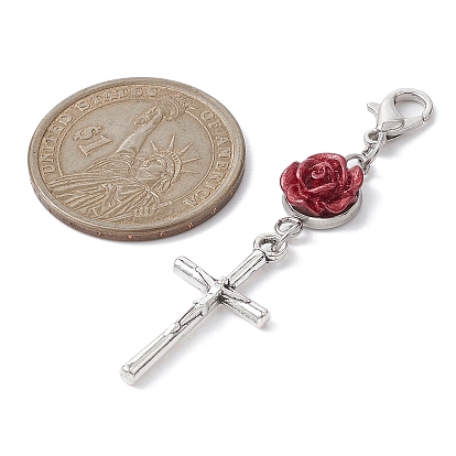 Alloy Crucifix Cross Pendant Decorations, with Rose 304 Stainless Steel & Resin Link and Alloy Lobster Claw Clasps