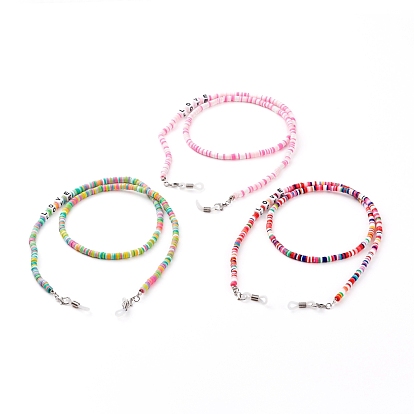 Rainbow Eyeglasses Chains, Neck Strap for Eyeglasses, with Polymer Clay Heishi Beads, Cube Acrylic Beads and Rubber Loop Ends, Word Love
