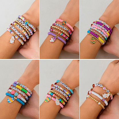 Браслеты с эмалированными подвесками из пасхального сплава, Эластичные браслеты из акрила, пластика CCB и полимерной глины для женщин., разноцветные