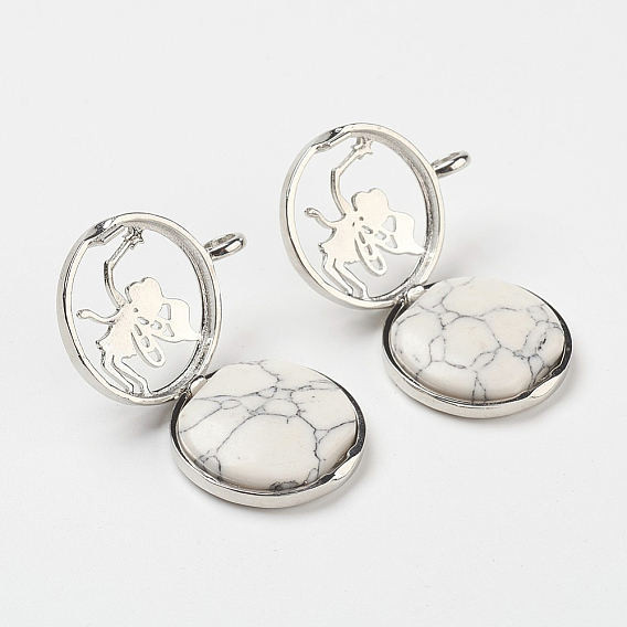 Synthetic Howlite Pendants, with Brass Diffuser Locket Findings, Flat Round with Angel