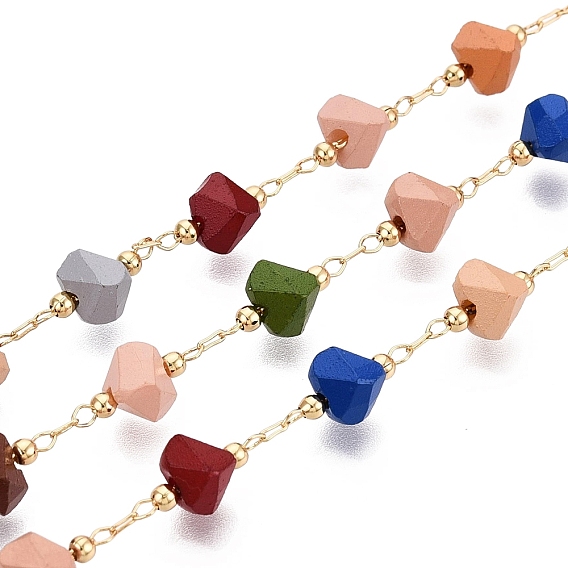 Handmade Brass & Glass Beaded Link Chains, Heart, Faceted, Soldered, with Spool
