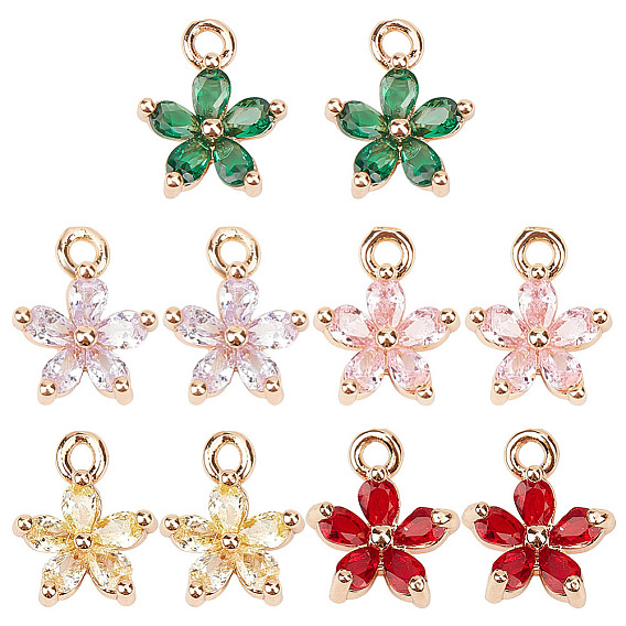 10Pcs 5 Colors Brass Cubic Zirconia Bauhinia Flower Charms, Real 18K Gold Plated