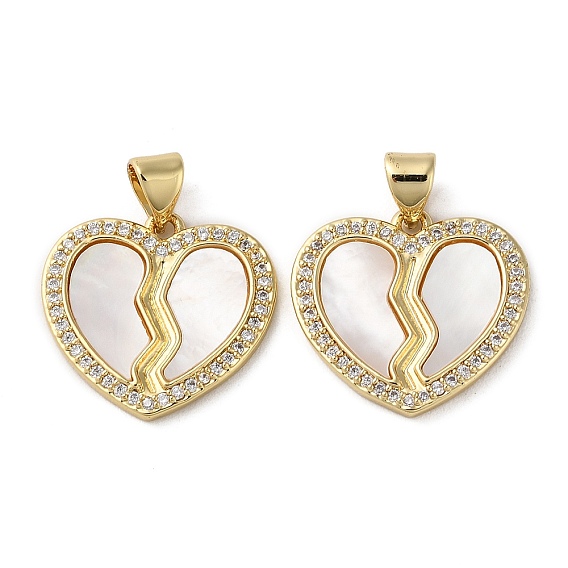 Brass Micro Pave Cubic Zirconia Pendants, Cadmium Free & Lead Free, with Shell, Heart