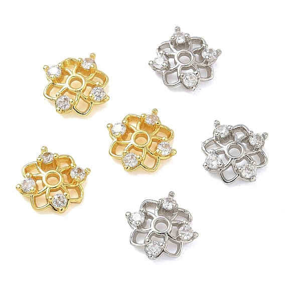Brass Micro Pave Cubic Zirconia Bead Caps, Flower, Rack Plating, Long-Lasting Plated, Cadmium Free & Lead Free