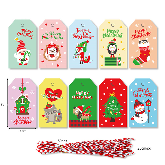 Kraft Paper Gift Tags, Hange Tags, with Hemp Rope, for Party, Hexagon with Christmas Theme Pattern