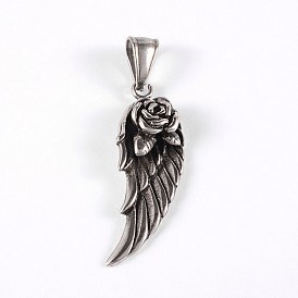 316 Surgical Stainless Steel Pendants, Wing with Rose, 38x14x7mm, Hole: 8x4mm