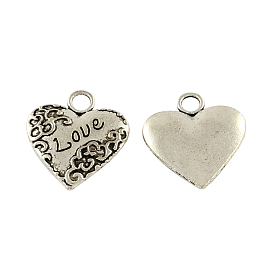 Tibetan Style Carved Word Love Alloy Heart Pendants, Cadmium Free & Lead Free, 19.2x17.5x3mm, Hole: 3mm, about 200pcs/500g