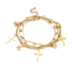 Bracelet multirangs charm croix et boule ronde, placage sous vide 304 bracelet à chaînes double couche en acier inoxydable pour femme